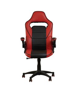 WALDER Cómoda y moderna silla gamer con base de nylon negra con giro de 360°, ajuste de altura y reclinación, brindándote horas de comodidad para tus juegos. Brazos fijos, asiento y respaldar con almohadon en color negro y rojo.