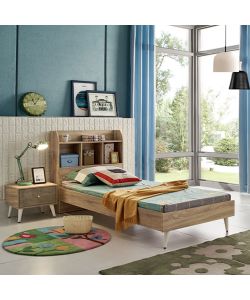 LAYLA Cama  vertical con respaldo tipo librero de (2.00mts x 0.90 mts), color madera clara, la cama incluye el colchón.