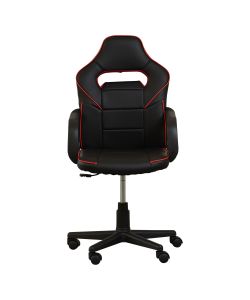 TORMUD Cómoda y moderna silla gamer con base de nylon negra con giro de 360°, ajuste de altura y reclinación, brindándote horas de comodidad para tus juegos. Brazos fijos, asiento y respaldar en color negro y rojo.