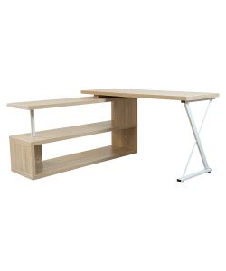 CASSIE Funcional escritorio en L con área de almacenaje , color madera con soportes en gris.