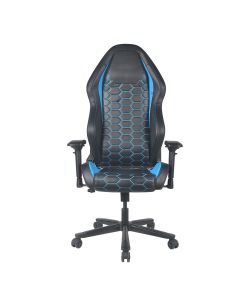 RILEY Cómoda y moderna silla gamer con base metálica de estrella negra con giro de 360°, ajuste de altura y reclinado, brindándote horas de comodidad para tus juegos. Brazos ajustables, asiento y respaldar en color negro y azul.