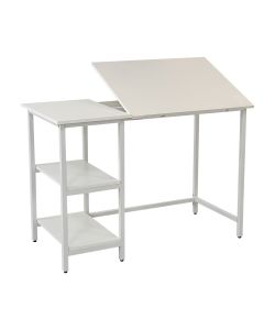 ELOISE Práctico escritorio de dibujo con repisas de almacenaje, patas metálicas y sobre color blanco.